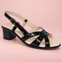 sandale dama negre lacuite din piele naturala cu toc gros si barete perforate S6LN Ciucaleti